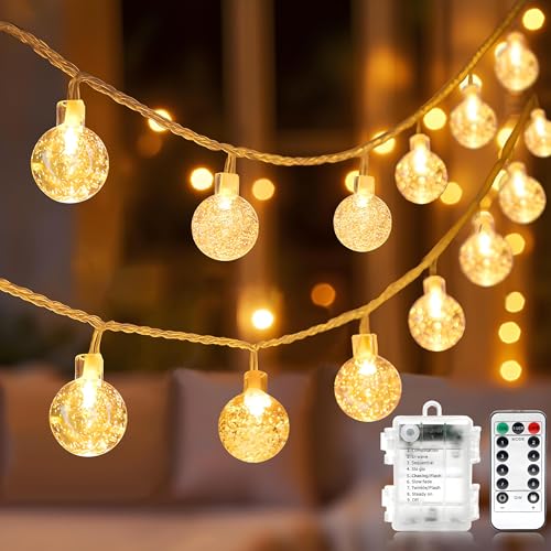 metaku Lichterkette, LED-Lichterkette, warmweiß, 6 m, 50 LEDs, Kristallkugel-Lichterkette, Batterie mit Fernbedienung, 8 Modi, wasserdicht, außen, innen, Weihnachts-Lichterkette für Zimmer, Party, Gar von Metaku