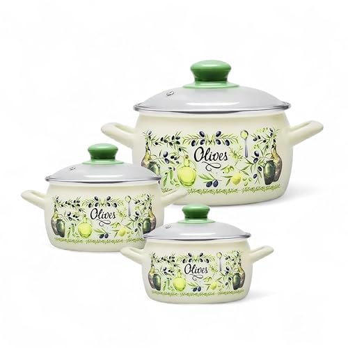 Emaille Kasserolle Set mit Glasdeckeln - 3-teilig 2,2L / 3L / 5,3L (Oliven) von Metalac