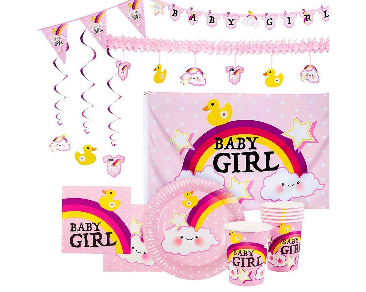 Metamorph Einweggeschirr-Set Baby Party Deko Set Girl 31-teilig, Pappe, Papier, PVC, Polyester, PET, Süßes Babyshower Party Deko Set Girl bestehend aus 31 Einzelteilen. von Metamorph