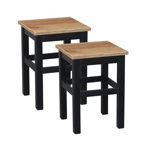 Metdrew Holz-Hocker | Tabouret 32 x 32 x 45 cm | Küchenhocker | Quadratische Form | Rustikaler Stil | Kiefernholz | Schwarz | Sitzfarbe: Craft-Eiche | 2 Stück von Metdrew