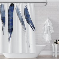 Moderner Minimalist Kobalt Blau Aquarell Linie Kunst Stoff Duschvorhang von MetroShowerCurtains