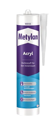 Metylan Wand & Decke Acryl, dehnfähige Acrylat-Dichtmasse für gering belastete Anschlussfugen im Innenbereich, versiegelt Risse in Putz, Mauerwerk, Fassaden, 300ml, weiß von Metylan