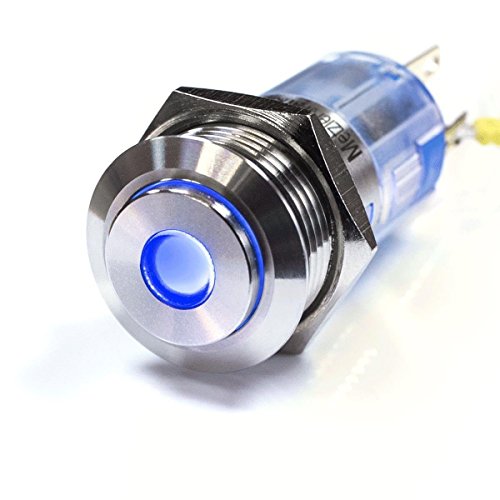 LED-Druckschalter - V2A Edelstahl - Ø 16 mm - erhabene Tastfläche - wasserdicht - Punkt-Beleuchtung (Rastend, Blau) von Metzler-Trade