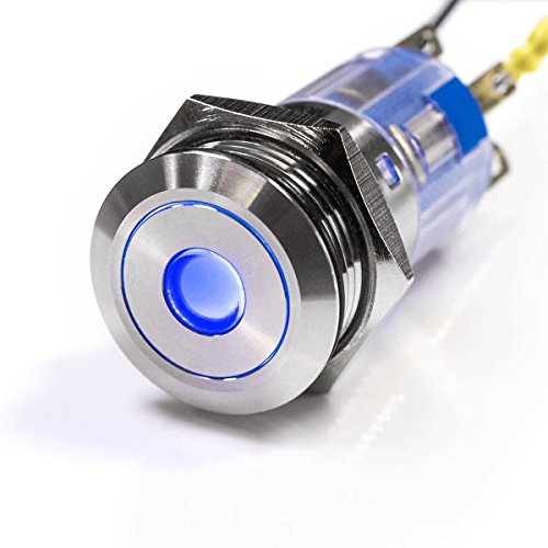 LED-Drucktaster Edelstahl - Ø16 mm - flache Tastfläche - wasser- & staubdicht - Punkt-Beleuchtung (Tastend, Blau) von Metzler-Trade