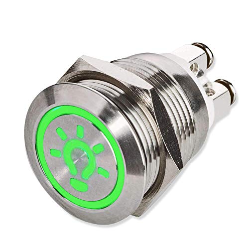 Metzler LED Drucktaster – Licht - Symbol – Ø 19 mm – flache Tastfläche – Schraubkontakte – wasser- staubdicht IP67 – AC/DC (Grün) von Metzler-Trade