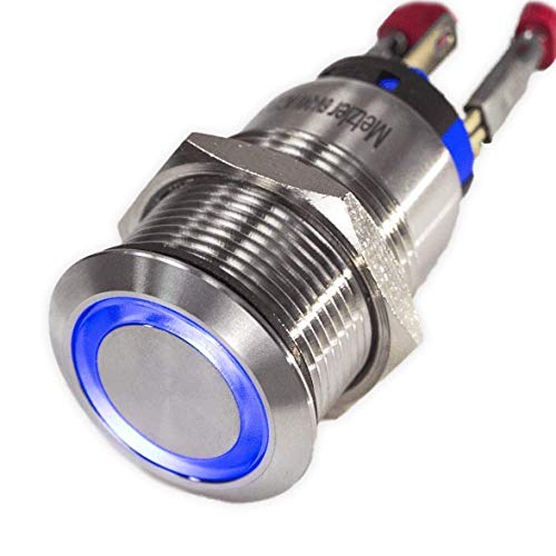 LED-Schalter/Druckknopf Edelstahl - rastend Ø 19 mm - staub- und wasserdicht – stabil & langlebig - 230V - M19 Gewinde (Blau) von Metzler-Trade