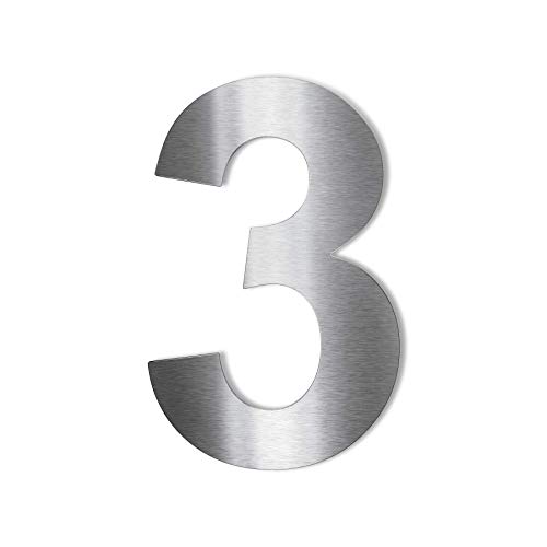 Metzler® Edelstahl Hausnummer 3 mit selbstklebender Rückseite und 2 mm Stärke silber matt in Schrift Arial wetterfest pflegeleicht moderne Optik Höhe 75 mm für Außenbereich klebend von Metzler-Trade