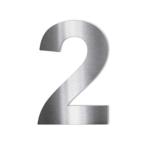 Metzler® Hausnummer Ziffer 2 mit selbstklebender Rückseite und moderner Arial-Schrift Silber Edelstahl 75mm hoch witterungsbeständig einfache Montage gebürstet für außen 10 Jahre Ersatzteilverfügbarke von Metzler-Trade