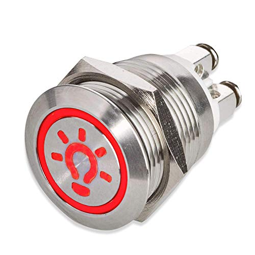 LED Drucktaster – Licht-Symbol – Ø 19 mm – flache Tastfläche – Schraubkontakte – wasser- staubdicht IP67 – AC/DC (Rot) von Metzler-Trade