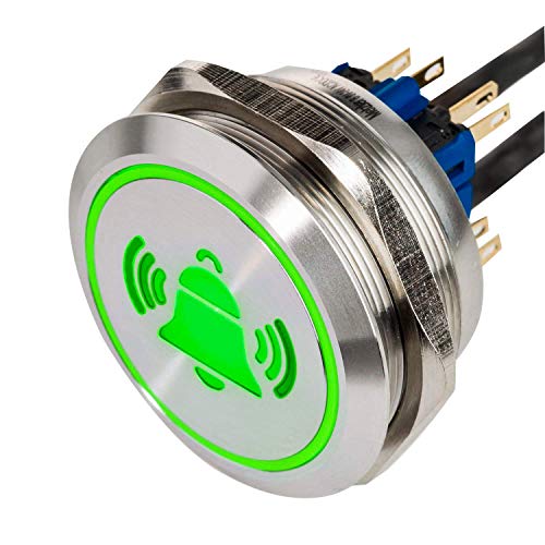 XL LED-Drucktaster mit Klingel Symbol aus V2A Edelstahl Einbaudurchmesser Ø 40 mm mit farbig beleuchtetem, flachen LED Taster, wasserdicht nach IP67, AC/DC (Grün) von Metzler-Trade