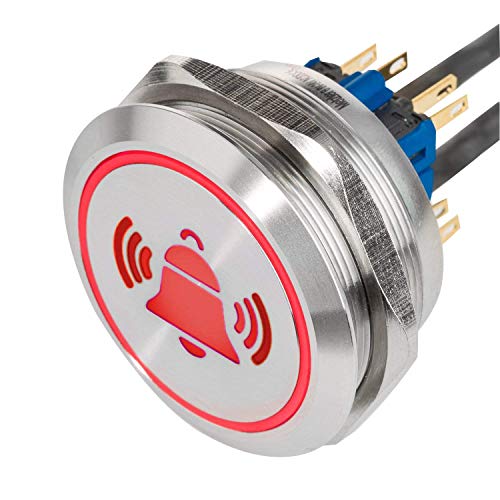 XL LED-Drucktaster mit Klingel Symbol aus V2A Edelstahl Einbaudurchmesser Ø 40 mm mit farbig beleuchtetem, flachen LED Taster, wasserdicht nach IP67, AC/DC (Rot) von Metzler-Trade