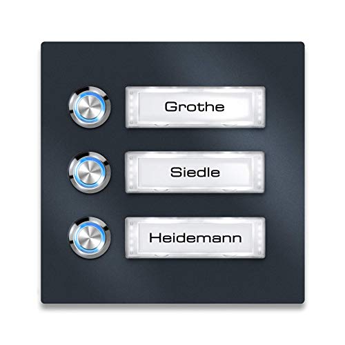 Metzler Türklingel Edelstahl Anthrazit - Namensschild austauschbar - LED-Taster - Aufputz-Montage (mit Beleuchtung, Blau) von Metzler