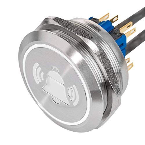 XL LED-Drucktaster mit Klingel Symbol aus V2A Edelstahl Einbaudurchmesser Ø 40 mm mit farbig beleuchtetem, flachen LED Taster, wasserdicht nach IP67, AC/DC (Weiß) von Metzler-Trade