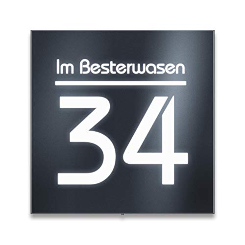 Metzler Hausnummer Edelstahl mit LED-Beleuchtung - Anthrazit RAL 7016 - inklusive Beschriftung - modernes Design - Hausnummernschild groß (Straßenname oben) von Metzler