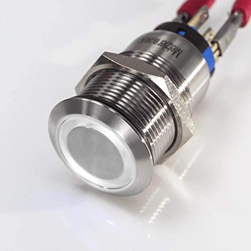 Metzler® LED Druckschalter flach mit rastender Funktion und Ringbeleuchtung 230V Weiß IP67 wasserdicht langlebig für Industrie Modellbau PIN-Anschluss Edelstahl Ø19mm beleuchtet vandalismussicher von Metzler