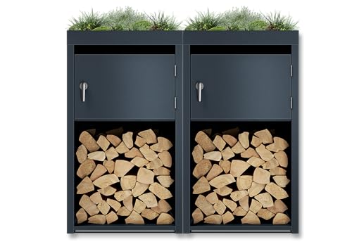 Metzler 2er Brennholzregal mit Pflanzdach - Kaminholzregal, Kaminholzhalter, Holzregal - Einzelbox - massiv & rostfrei - RAL7016 Anthrazit matt von Metzler