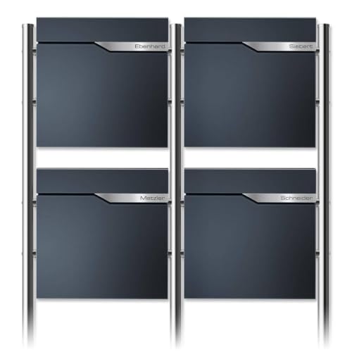 Metzler 4er Standbriefkasten in Anthrazit RAL 7016 - Pulverbeschichtet & mit Zeitungsfach - Inkl. Edelstahl Standfuß & Namensschild - Personalisierbar - Standbriefkasten für 4 Perteien Freistehend von Metzler