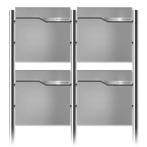 Metzler 4er Standbriefkasten in Graualuminium - Pulverbeschichtet & mit Zeitungsfach - Inkl. Edelstahl Standfuß & Namensschild - Personalisierbar - Standbriefkasten für 4 Perteien Freistehend von Metzler