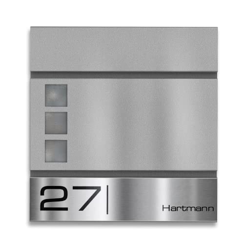 Metzler Briefkasten Graualuminium RAL 9007 Stahl – Sichtfenster – Name & Hausnummer Lasergravur Edelstahl - inkl. Zeitungsfach - Postkasten mit Fenster - Modell Oltmann von Metzler