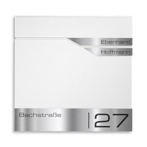 Metzler Briefkasten Weiß 2 Parteien mit Zeitungsfach und Hausnummer – Wandbriefkasten mit Zwei Namensschildern personalisiert Laser Gravur – Postkasten wasserdicht & rostfrei | Albrecht von Metzler