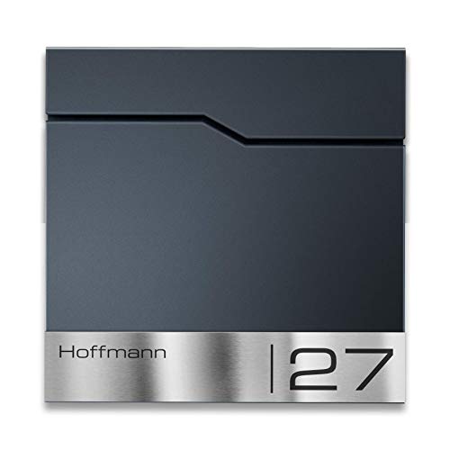 Metzler Briefkasten in Anthrazit RAL 7016 Enno - Wandbriefkasten mit V2A Edelstahl-Namensschild & Zeitungsfach - Postkasten mit Gravur, Größe: 37 x 37 x 10,5 cm von Metzler