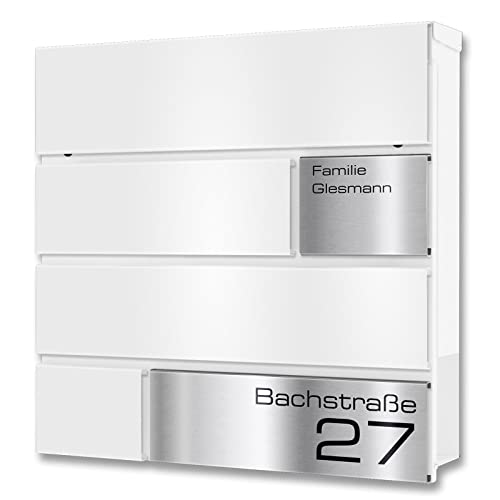 Metzler Briefkasten in weiß Modell G - Pulverbeschichtung in RAL 9016 Feinstruktur Matt - Postkasten mit Gravur und Edelstahl Namensschild - Zur Wand-Montage - Größe: 37 x 37 x 10,5 cm von Metzler