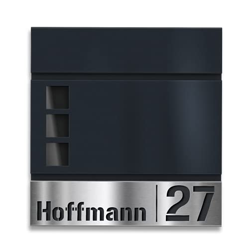 Metzler Briefkasten mit Edelstahl-Namensschild Svena in RAL 7016 Anthrazitgrau - V4A Schild mit ausgestanztem Namen & Hausnummer - Zeitungsfach & Fenster - Postkasten, Größe: 37 x 37 x 10,5 cm von Metzler