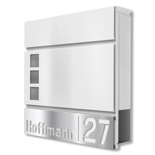 Metzler Briefkasten mit Edelstahl-Namensschild Svena in RAL 9016 Verkehrsweiß - V4A Schild mit ausgestanztem Namen & Hausnummer - Zeitungsfach & Fenster - Postkasten, Größe: 37 x 37 x 10,5 cm Metzler Briefkasten mit Edelstahl-Namensschild Svena in RAL 9016 Verkehrsweiß - V4A Schild mit ausgestanztem Namen & Hausnummer - Zeitungsfach & Fenster - Postkasten, Größe: 37 x 37 x 10,5 cm von Metzler