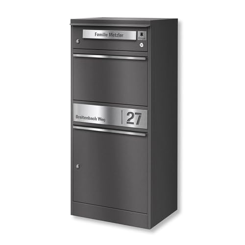 Metzler Briefkasten mit Paketfach & Funkklingel, Paketbox draussen groß XXL mit Klingel & 1 Steckdosen-Funk-Empfänger, Paketbriefkasten personalisiert in Grauauminium RAL9007, wasserdicht | Bispo Funk von Metzler
