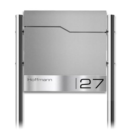 Metzler Briefkasten mit Pfosten in RAL 9007 Graualuminium Enno - Standbriefkasten mit V2A Edelstahl Namensschild & Zeitungsfach - Briefkasten mit Gravur - Postkasten, Größe: 37 x 37 x 10,5 cm von Metzler
