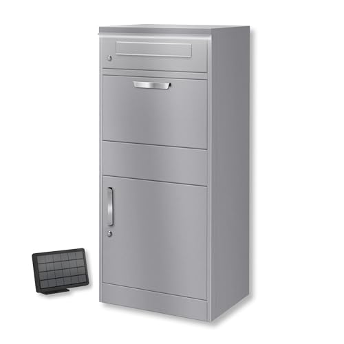 Metzler Briefkasten und Paketbox mit LED Beleuchtung rostfrei & massiv, paketbox draussen groß XXL, Standbriefkasten beleuchtet solar, Postkasten, Paketkasten in RAL 9007 Graualuminium, Bispo von Metzler