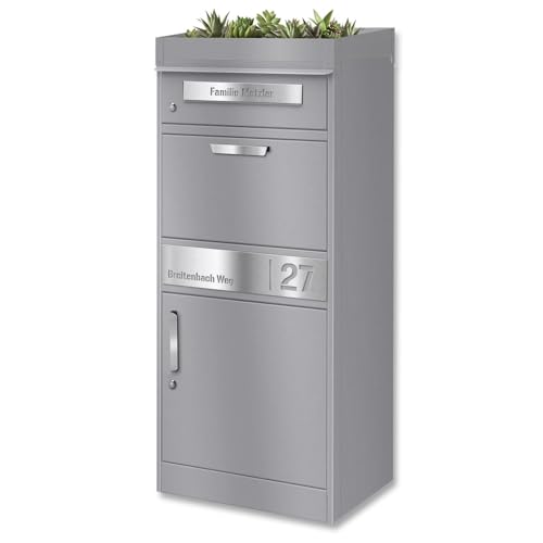 Metzler Briefkasten mit großem Paketfach und Pflanzdach in Graualuminium RAL 9007, rostfrei und wetterfest, abschließbar, freistehend, mit Namensgravur, modernes Design für Außenbereiche von Metzler