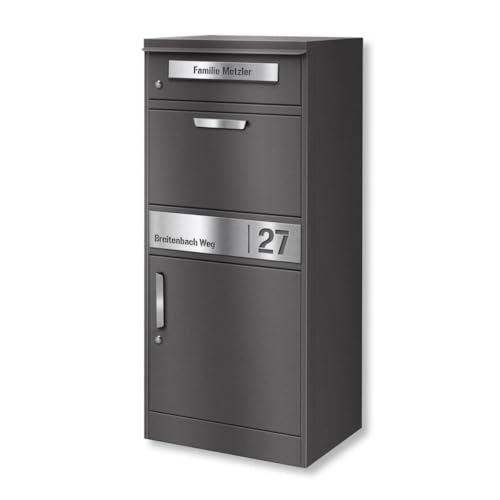 Metzler Briefkasten und Paketbox rostfrei und massiv, paketbox draussen groß XXL, Standbriefkasten modern, Paketkasten, Postbox in DB 703 Eisenglimmer mit Namensgravur, Modell Bispo 2 von Metzler