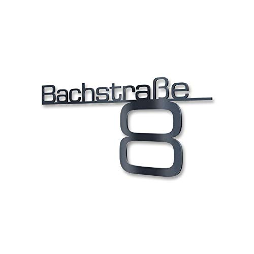 Metzler Design Hausnummernschild Türschild Namensplakette aus Edelstahl - mit Wunsch-Schriftzug Straßenname Hausnummer oder Name - Firmen-Schild - Anthrazit (600 mm) von Metzler