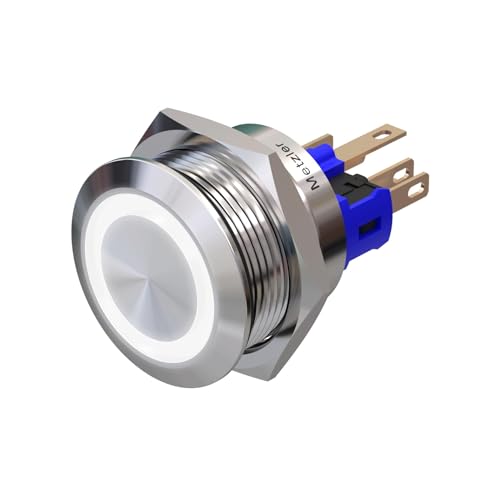 Metzler - Drucktaster 22mm - LED Ringbeleuchtung Weiß - IP67 IK10 - Edelstahl - Flach - Lötkontakte von Metzler