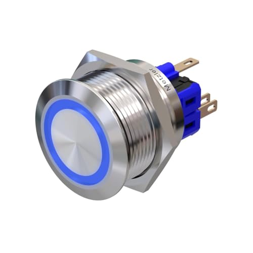 Metzler - Drucktaster 25mm - LED Ringbeleuchtung Blau - IP67 IK10 - Edelstahl - Flach - Lötkontakte von Metzler