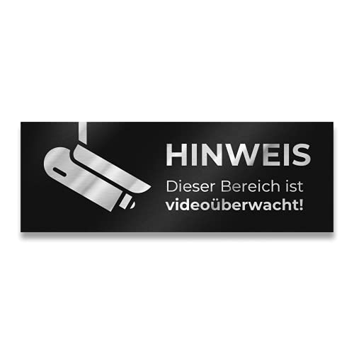 Metzler Edelstahl Hinweisschild Videoüberwachung in Schwarz - Pulverbeschichtet RAL9005 matt - Türschild "Hinweis Dieser Bereich ist Videoüberwacht" - Selbstklebend - Größe: 8,5 x 3 cm von Metzler