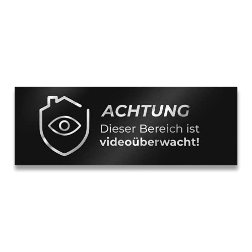 Metzler Edelstahl Hinweisschild in Schwarz - Türschild "ACHTUNG Dieser Bereich ist videoüberwacht" - Pulverbeschichtet RAL9005 matt - Selbstklebend - Größe: 8,5 x 3 cm von Metzler