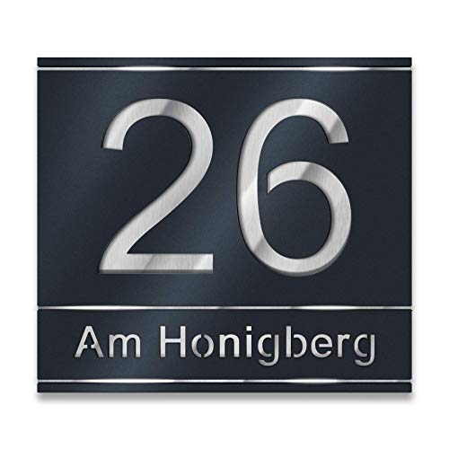 Metzler Hausnummer aus V2A Edelstahl - Anthrazit RAL 7016 - Hausnummernschild mit ausgelaserter Hausnummer & Straßenname - Inkl. Beschriftung - Anthrazit, Größe: 38 x 33,7 cm von Metzler