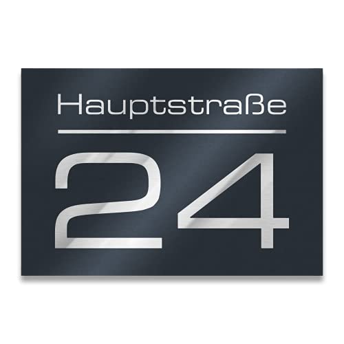 Metzler Hausnummer in Anthrazit - Hausnummernschild mit Gravur - Straßenname, Name und Wunsch-Nummer - Türschild in Anthrazit-Grau RAL 7016 - UV-beständig - Größe: 250 x 175 mm von Metzler