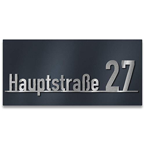 Metzler Hausnummern-Schild mit Straße - individueller Schriftzug aus Edelstahl - massiv & nicht rostend - alle Zahlen & Ziffern möglich - Anthrazit (400 x 200 mm) von Metzler