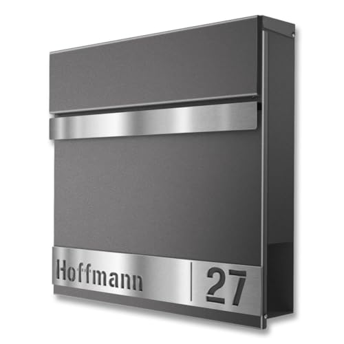 Metzler® Briefkasten mit Zeitungsfach und personalisierbarem Namensschild in Eisenglimmer anthrazitgrau RAL 7016 pulverbeschichtet robust und witterungsbeständig Wandmontage 370 x 370 x 105 mm von Metzler