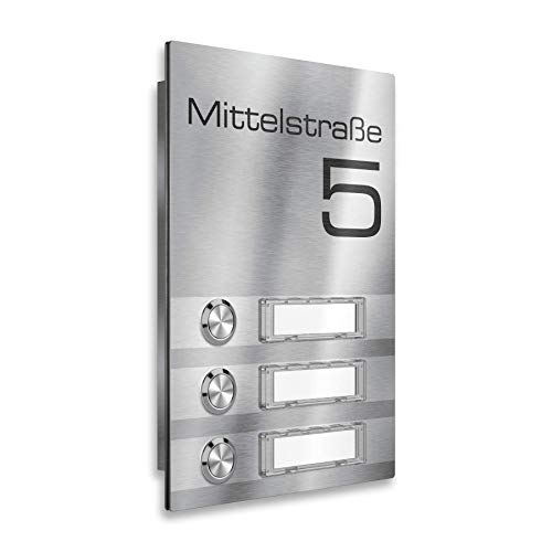 Metzler Mehrfamilien-Funkklingel - 3-fach - Klingelplatte aus Edelstahl - mit austauschbaren Namensschildern - Produktmaße: 156 x 220 mm (6x Steckdosen Empfänger) von Metzler