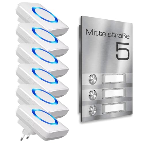 Metzler Mehrfamilien-Funkklingel - 3-fach - Klingelplatte aus Edelstahl - mit austauschbaren Namensschildern - Produktmaße: 156 x 220 mm (6x Steckdosen Empfänger) von Metzler