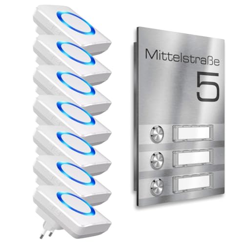 Metzler Mehrfamilien-Funkklingel - 3-fach - Klingelplatte aus Edelstahl - mit austauschbaren Namensschildern - Produktmaße: 156 x 220 mm (7x Steckdosen Empfänger) von Metzler