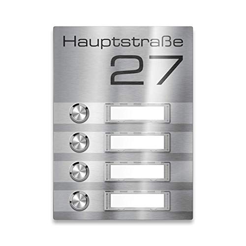 Metzler Mehrfamilien-Funkklingel - 4-fach - Klingelplatte Edelstahl - austauschbare Namensschilder - Aufputz-Montage (8x Steckdosen-Empfänger) von Metzler