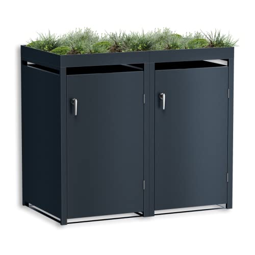 Metzler Mülltonnenbox in Anthrazit mit Pflanzdach 2er Tonnen, Kapazität bis 240L, witterungsbeständiger und pulverbeschichteter Stahl mit Automatikdeckel, abschließbar, Tonnenhaus, Garten- und Müllbox Metzler Mülltonnenbox in Anthrazit mit Pflanzdach 2er Tonnen, Kapazität bis 240L, witterungsbeständiger und pulverbeschichteter Stahl mit Automatikdeckel, abschließbar, Tonnenhaus, Garten- und Müllbox von Metzler