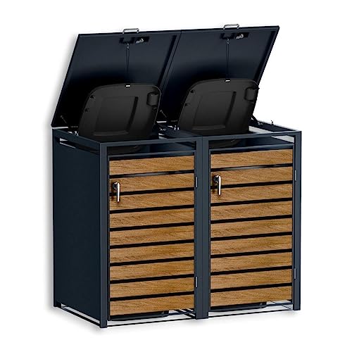 Metzler Mülltonnenbox in Anthrazit & Holzoptik 2er Tonnen, Kapazität bis 240L, witterungsbeständiger und pulverbeschichteter Stahl mit Automatikdeckel, abschließbar, Tonnenhaus, Garten- und Müllbox Metzler Mülltonnenbox in Anthrazit & Holzoptik 2er Tonnen, Kapazität bis 240L, witterungsbeständiger und pulverbeschichteter Stahl mit Automatikdeckel, abschließbar, Tonnenhaus, Garten- und Müllbox von Metzler