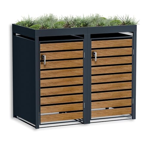 Metzler Mülltonnenbox in Anthrazit & Holzoptik mit Pflanzdach 2er Tonnen, Kapazität bis 240L, witterungsbeständiger und pulverbeschichteter Stahl mit Automatikdeckel, abschließbar, Garten- und Müllbox von Metzler