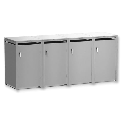 Metzler Mülltonnenbox in Graualuminium RAL9007 4er Tonnen, Kapazität bis 240L, witterungsbeständiger und pulverbeschichteter Stahl mit Automatikdeckel, abschließbar, Garten- und Müllbox für 4 Tonnen von Metzler